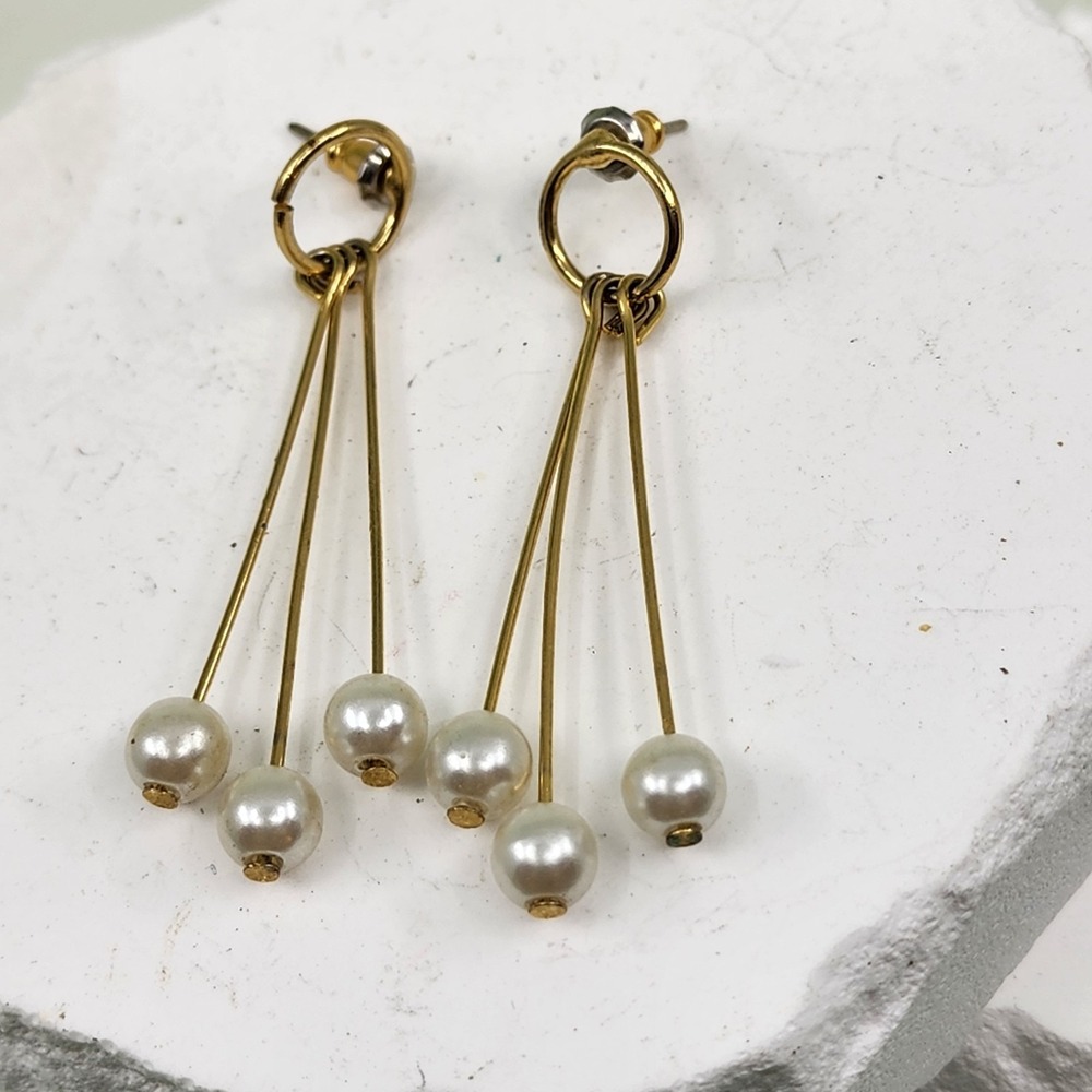 Vintage Gold Tone Faux Pearl Triple Drop Earrings Long Statement Elegant Retro